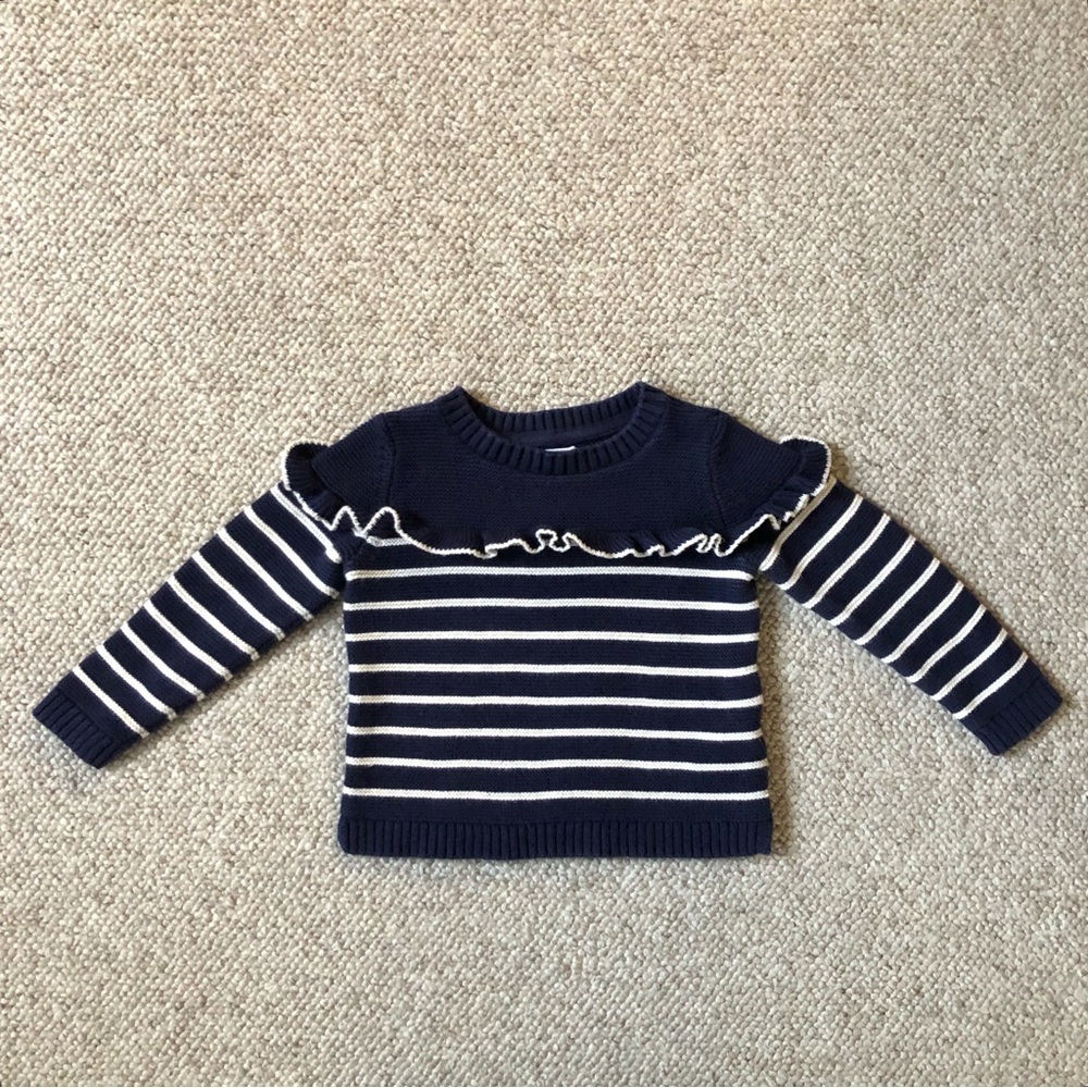 Baby Gap Navy Blue and White Breton Stripe Ruffle Sweater 2T